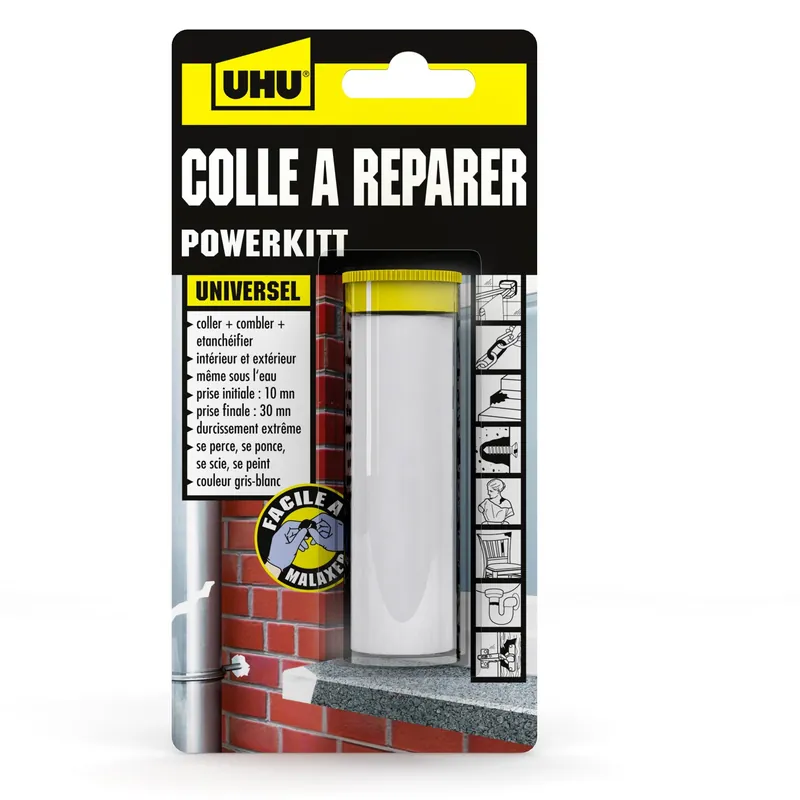 UHU Colle à réparer Powerkitt universel - Pâte époxy 2 composants pour coller, combler, étanchéifier, réparer, intérieur et extérieur, Gris, 60g