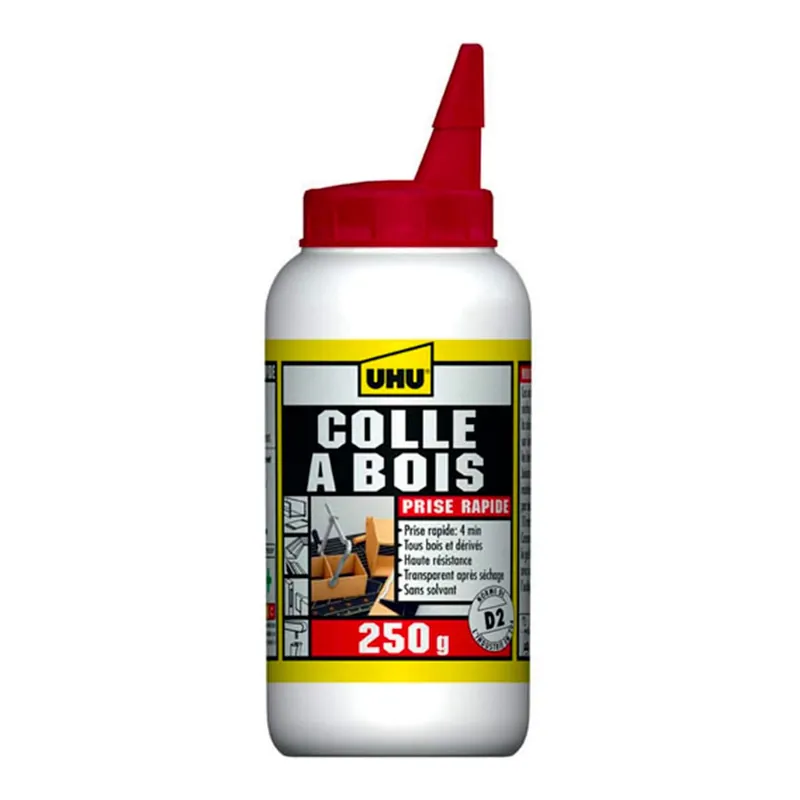 UHU Colle à bois express - Plus forte que le bois, résistante à l‘humidité, D2, sans solvants, embout de précision, transparente, biberon 250g