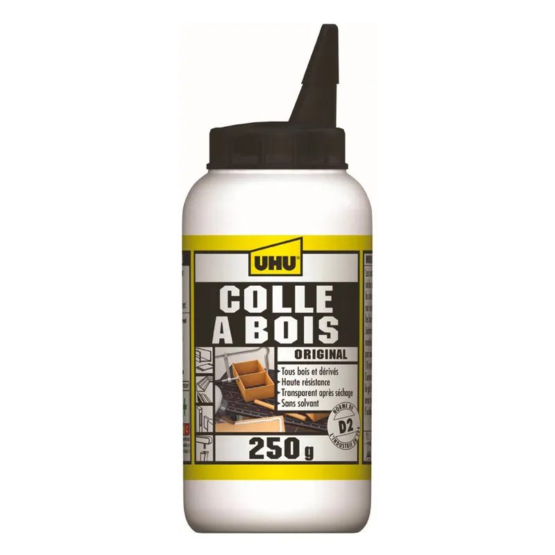 UHU Colle à bois originale - Plus forte que le bois, résistante à l‘humidité, D2, sans solvants, embout de précision, transparente, biberon 250g