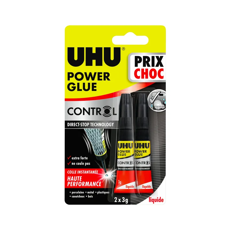 UHU Power glue liquide control - colle instantanée, ultra rapide et forte, technologie anti-goutte, sans solvants, transparente, tubes 2x3g