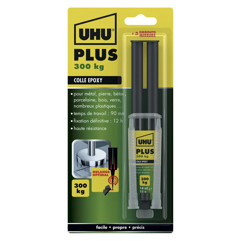 UHU Colle époxy plus 300kg - 2 composants, super forte, rapide et précise, seringue avec canule auto-mélangeuse, transparent, 15g