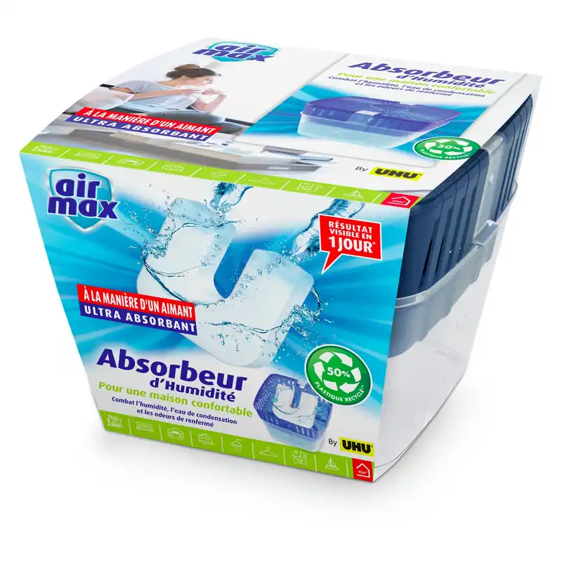 UHU Air max magnet - Absorbeur d‘humidité très rapide et efficace, un absorbeur de 450g et 1 recharge magnet ultra-absorbante 450 g incluse