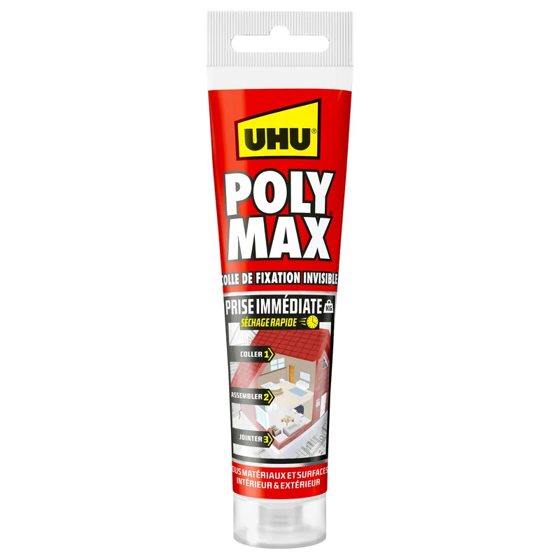 UHU Polymax prise immédiate- Mastic/colle MSP pour coller, assembler et jointer, toutes surfaces, ultra solide, sans solvants, blanc, tube 165 g
