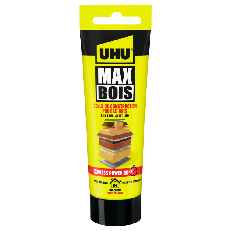 UHU Max Bois express- Colle à bois SMP, extrèmement forte et rapide, résistante à l‘eau, D4, sans solvant, blanc, tube 100g