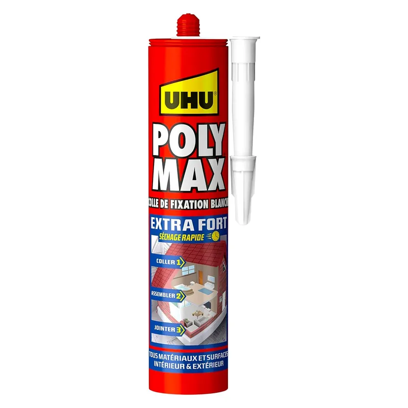 UHU Polymax extra fort - Mastic/colle de fixation MSP pour coller, assembler et jointer, séchage rapide, sans solvants, blanc, cartouche 425 g