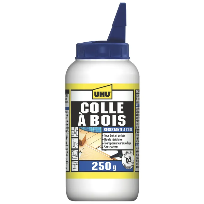 UHU Colle à bois waterproof - Résiste à l‘eau, l‘intérieur et l‘extérieur, D3, sans solvants, embout de précision, transparente, biberon 250g