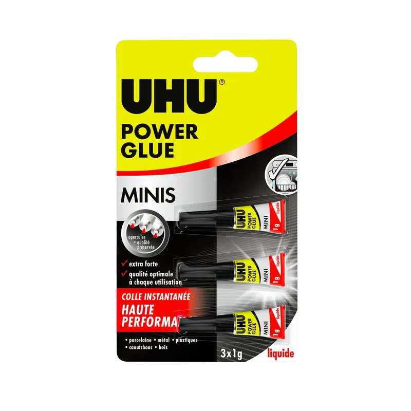 UHU Power glue minis liquide - Colle instantanée ultra rapide et forte, sans solvants, transparente, tubes 3x1g