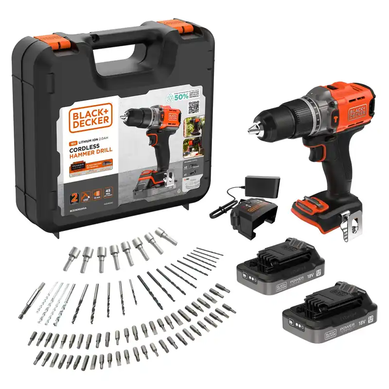 Perceuse-visseuse à percussion 18V 2Ah Lithium 45Nm - 80 Accessoires - Mallette de transport - 2 Batteries et chargeur - BCD383D2XKA-QW