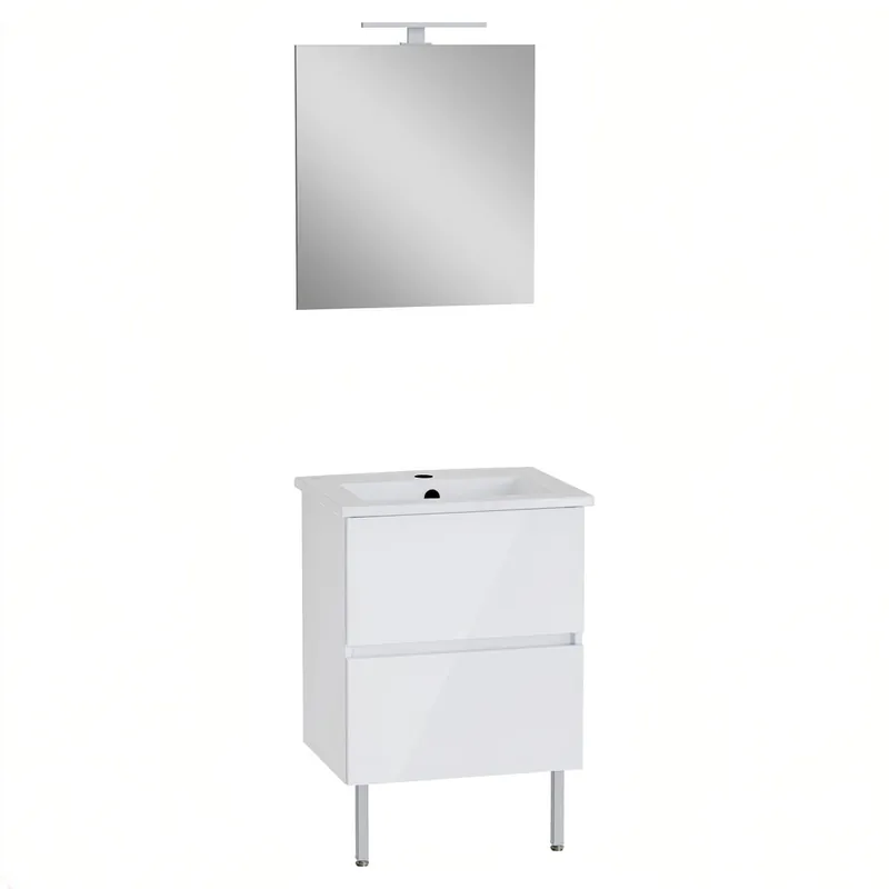 VitrA Meuble Mia Plus 60 cm, 2 tiroirs avec plan céramique et miroir avec éclairage LED, fermeture douce, Blanc brillant