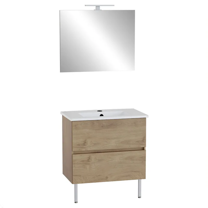 VitrA Meuble Mia Plus 80 cm, 2 tiroirs avec plan céramique et miroir avec éclairage LED, fermeture douce, Chêne doré