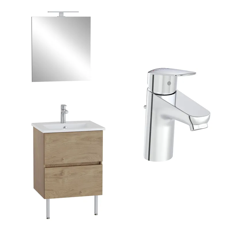 VitrA Meuble Mia Plus 60 cm, 2 tiroirs, plan céramique et miroir éclairage LED, fermeture douce, Chêne doré + mitigeur Flow Round