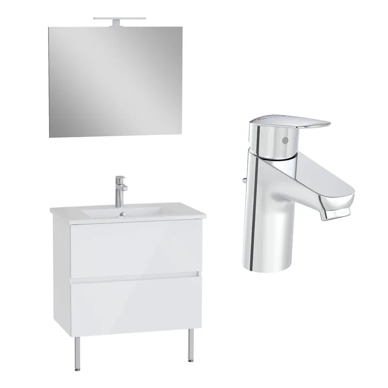 VitrA Meuble Mia Plus 80 cm, 2 tiroirs, plan céramique et miroir éclairage LED, fermeture douce, Blanc brillant + mitigeur Flow Round