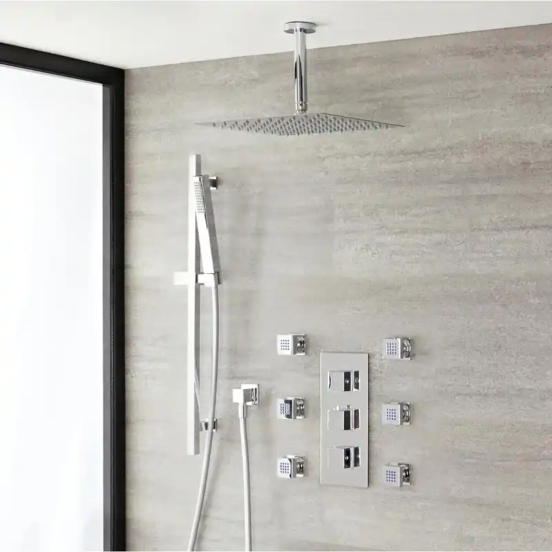 Kit Douche Thermostatique encastrable Pommeau plafond 30cm - Douchette sur rampe & Buses - Kubix