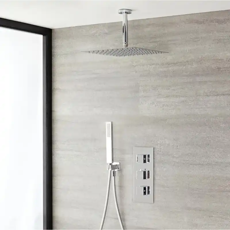 Kit de douche thermostatique avec pommeau plafonnier et douchette – 2 fonctions – Chromé - Kubix