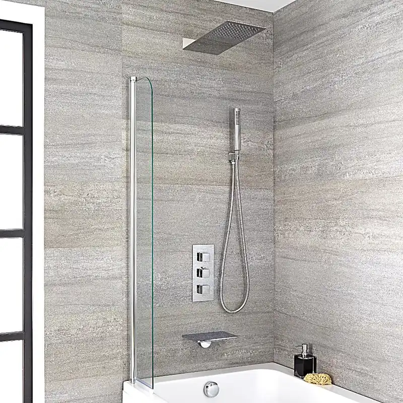 Kit douche thermostatique avec bec verseur baignoire cascade, pommeau de douche et douchette - Kubix