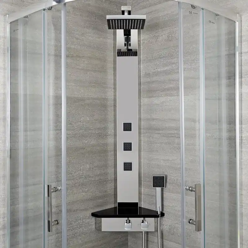 Colonne de douche thermostatique d’angle avec pommeau, douchette, buses hydromassantes et étagère – Chromé et noir - Earby