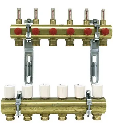 Repartiteur de circuit de chauffage 1" laiton debit 0,5l/min pour 10 groupes 3/4" eurocone"