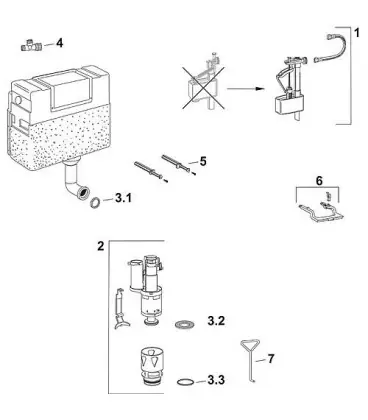 Set de vanne d‘evacuation , Contenu vanne de remplissage, support, vanne de remplissage, corbeille