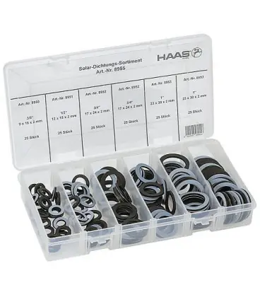 Assortiment de joints solaires dim. DN 10 (3/8") x DN 25 (1") contenu150 pcs."
