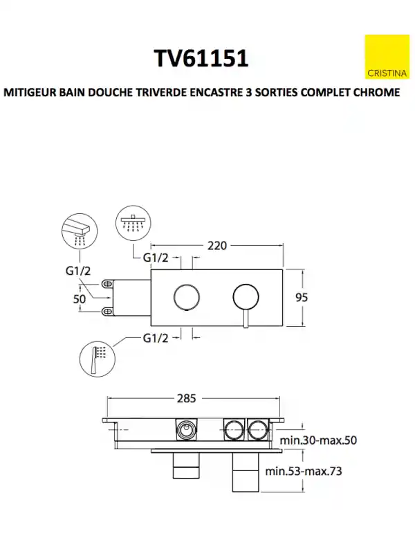 MITIGEUR DOUCHE / BAIN-DOUCHE 3 SORTIES CHROME COMPLET TRIVERDE ENCASTRE
